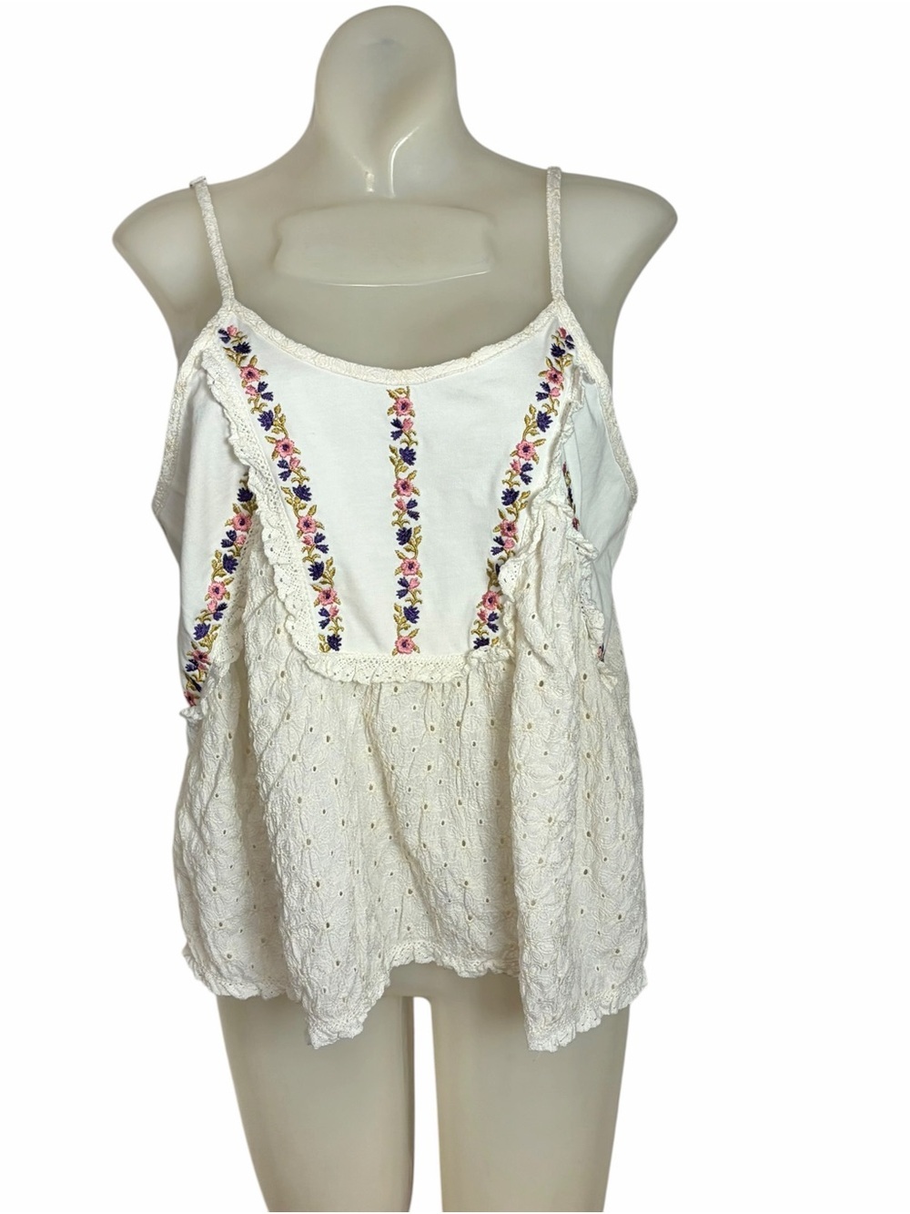 POL Tank Top Floral Embroidery Eyelet Details Ruched Back White Ivory Size M
